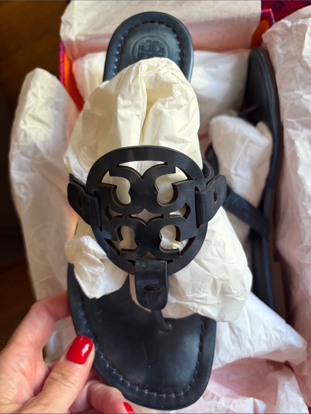 Tory Burch Black Leather Cutout Logo Thong Sandals